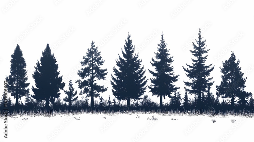 Fototapeta premium Serene Forest Landscape - Minimalist Nature Illustration of Evergreen Tree Line
