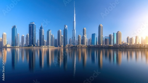 Dubai's skyline reflected in the calm waters of the Arabian Gulf