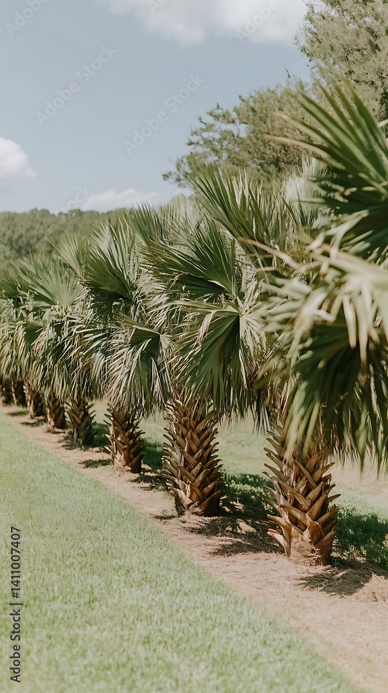 Obraz premium Palm Trees Lined Lawn Sunny Day