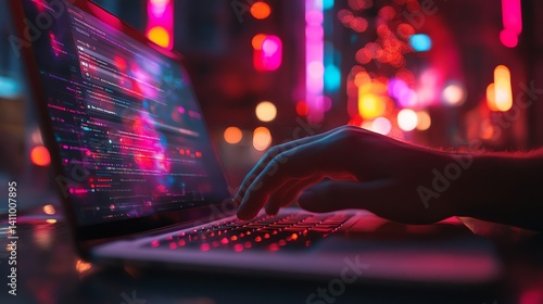 A person's hand types code on a laptop at night with colorful city lights blurred in the background.  Perfect for tech and programming concepts.