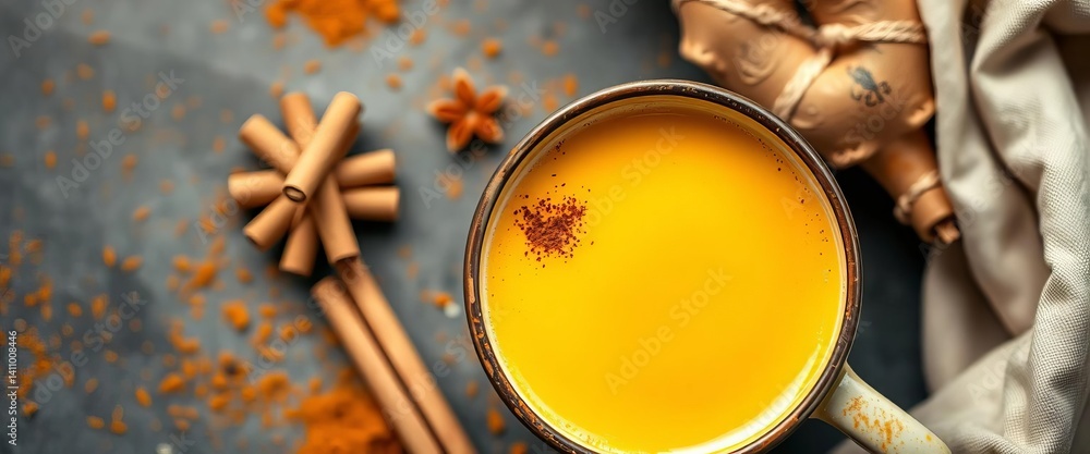 Golden turmeric latte with cinnamon & ginger in a mug, golden milk, mug Golden turmeric latte with cinnamon & ginger in a mug, golden milk, mug