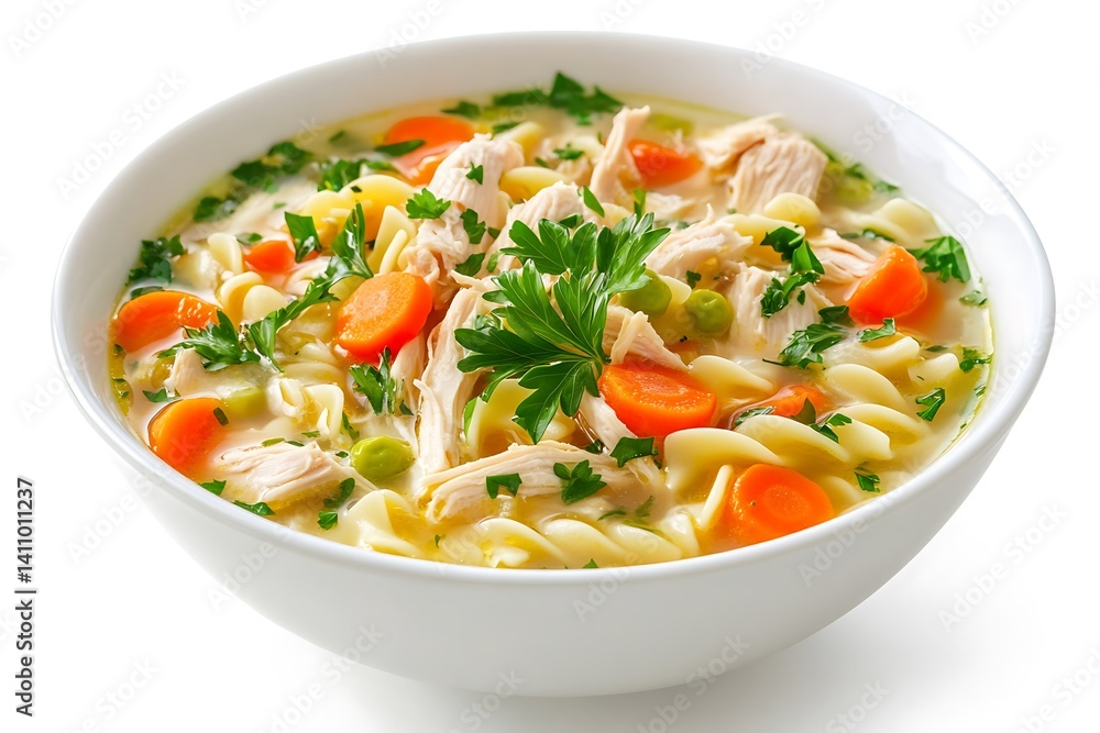 Warm chicken noodle soup in a bowl, isolated on white background Warm chicken noodle soup in a bowl, isolated on white background