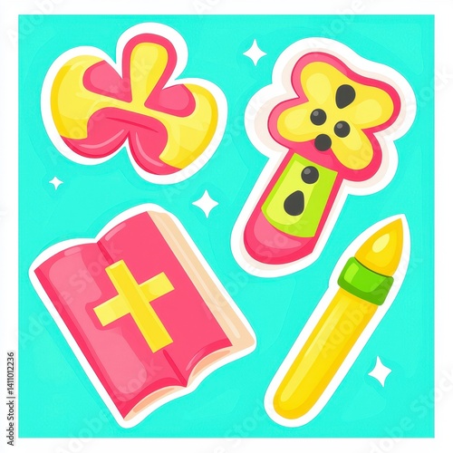 Playful Cartoon Illustration of Book, Flower Wand, Butterfly, and Crayon