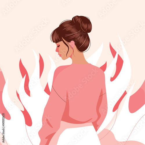 Woman in Contemplation with Flames Symbolizing Passion and Strength
