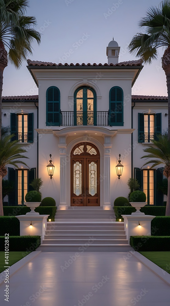 Naklejka premium Elegant Mediterranean-style house exterior at sunset, featuring arched windows, green shutters, symmetrical design, and manicured hedges for a luxurious ambiance