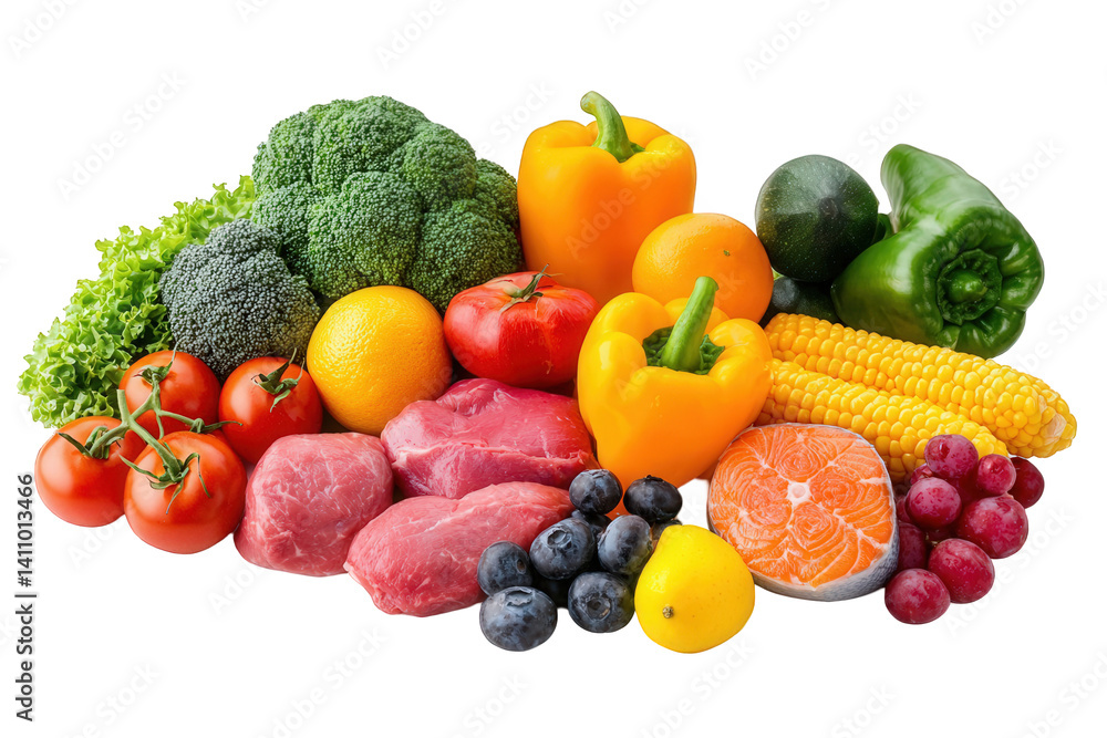 Fresh vegetables and fruits arranged with cuts of meat showcasing a healthy diet option on a white background Fresh vegetables and fruits arranged with cuts of meat showcasing a healthy diet option on a white background