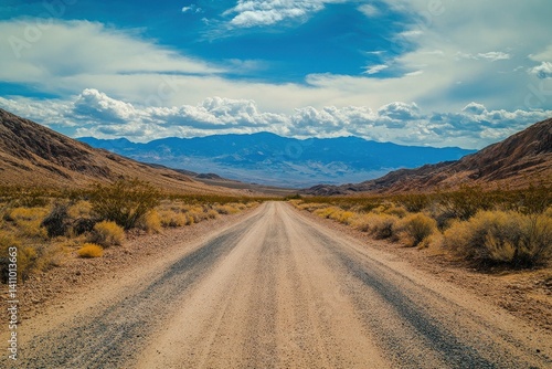 Desert road leads to mountains