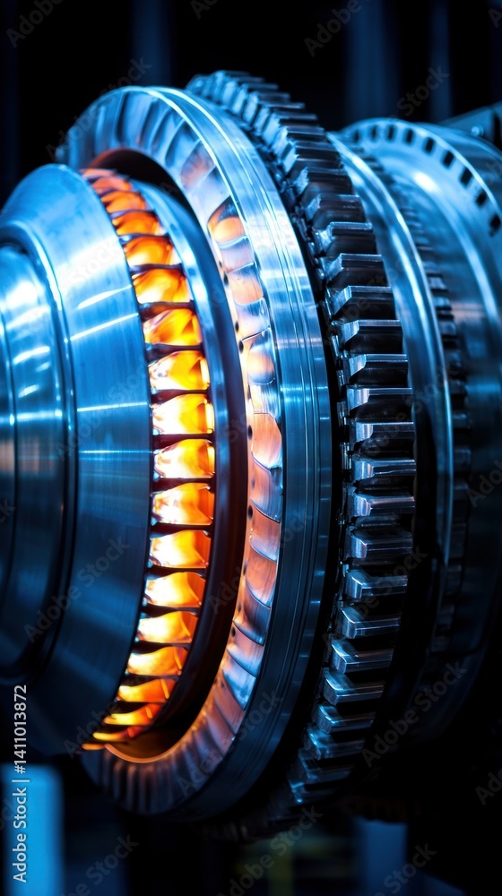 Obraz premium Turbine Metal components with an orange glow inside a mechanical assembly