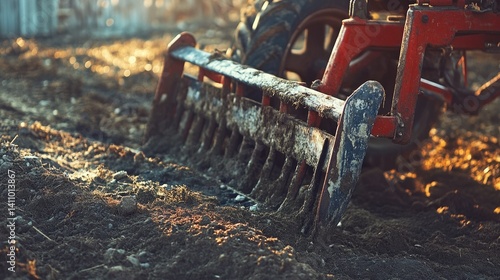 A tractor harrowing freshly tilled earth in a field setting