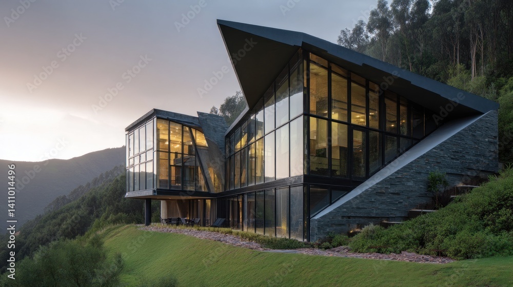 Obraz premium Modern hillside home with full-glass facade and sharp angles 