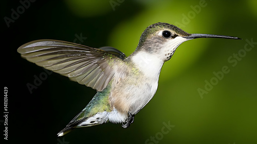 Hummingbird In Flight Against A Green Background