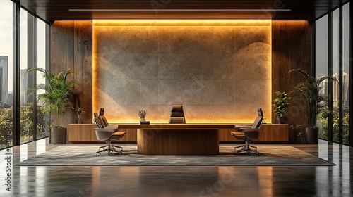 Modern executive office with large windows, wood desk, and leather chairs.
