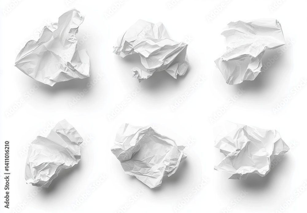 Fototapeta premium Six crumpled paper balls isolated on white.