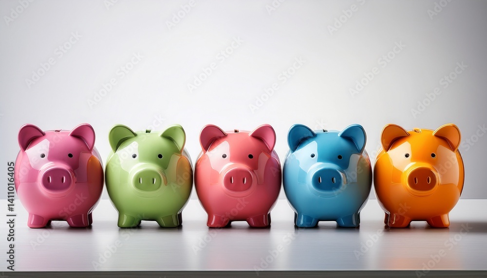 Piggy banks colorful on the table, to promote saving money Piggy banks colorful on the table, to promote saving money