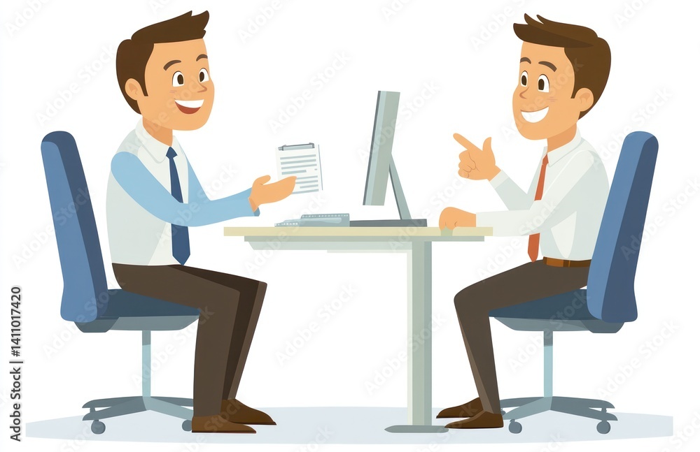 Two Businessmen Discussing a Document at Desk Two Businessmen Discussing a Document at Desk