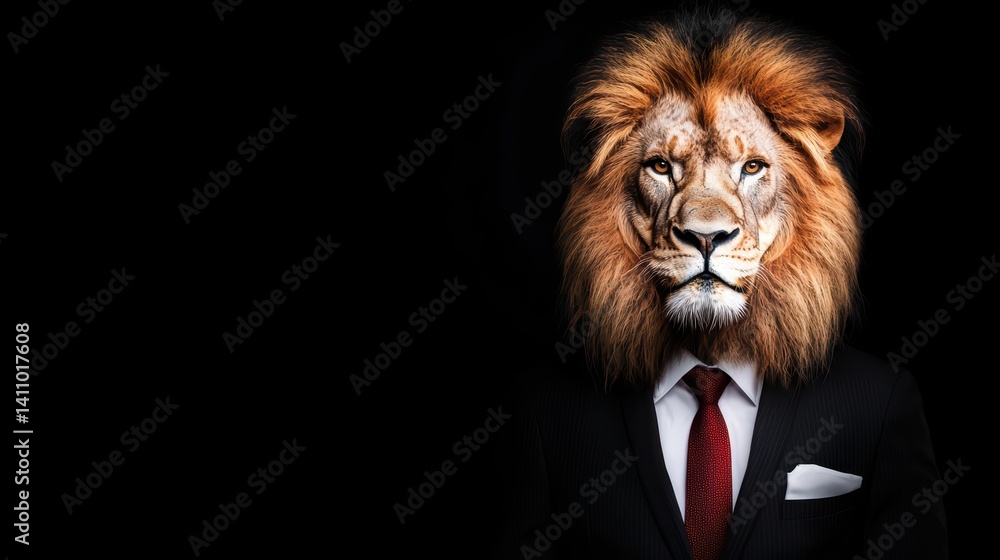 Lion in suit portrait against dark background Lion in suit portrait against dark background