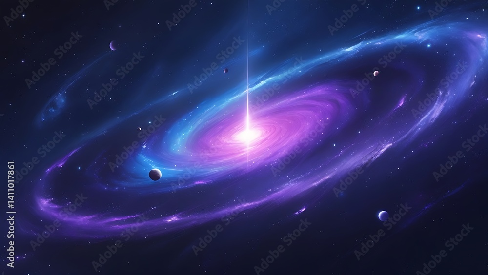 Obraz premium A majestic, swirling galaxy with vibrant shades of blue and purple, set against a dark, starry background, fills the frame.