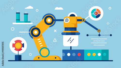 A robot arm seamlessly moves from one task to the next guided by data that determines the most efficient path and speed.. Vector illustration