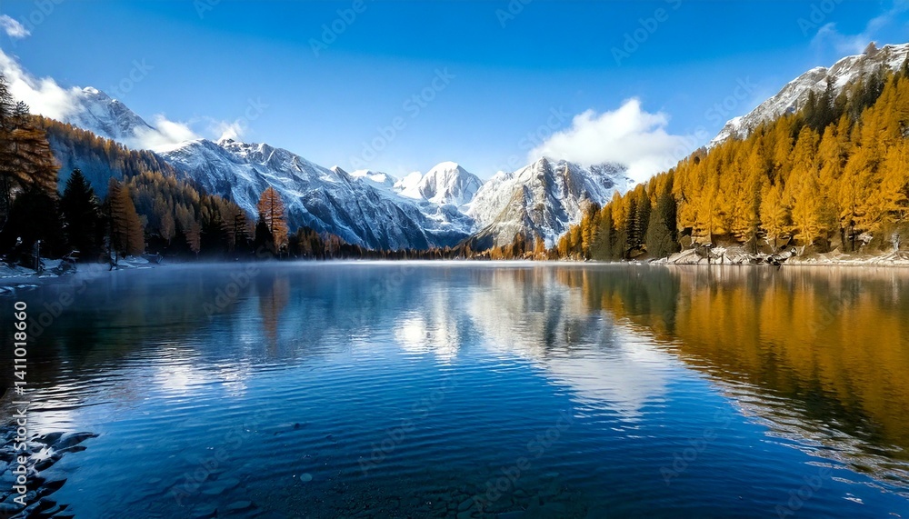 Fototapeta premium clear alpine lake reflecting snow-capped mountains, 