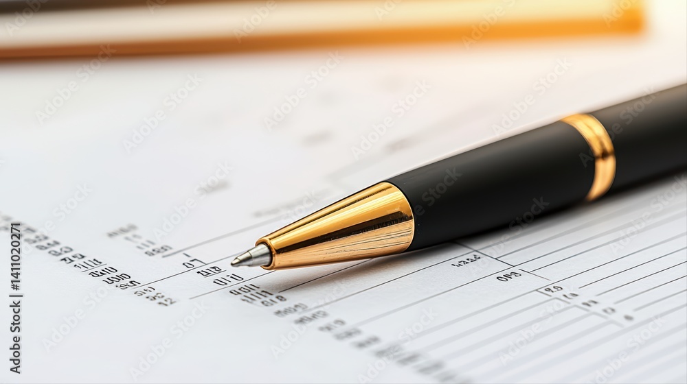Elegant black pen on financial sheets with data and figures Elegant black pen on financial sheets with data and figures
