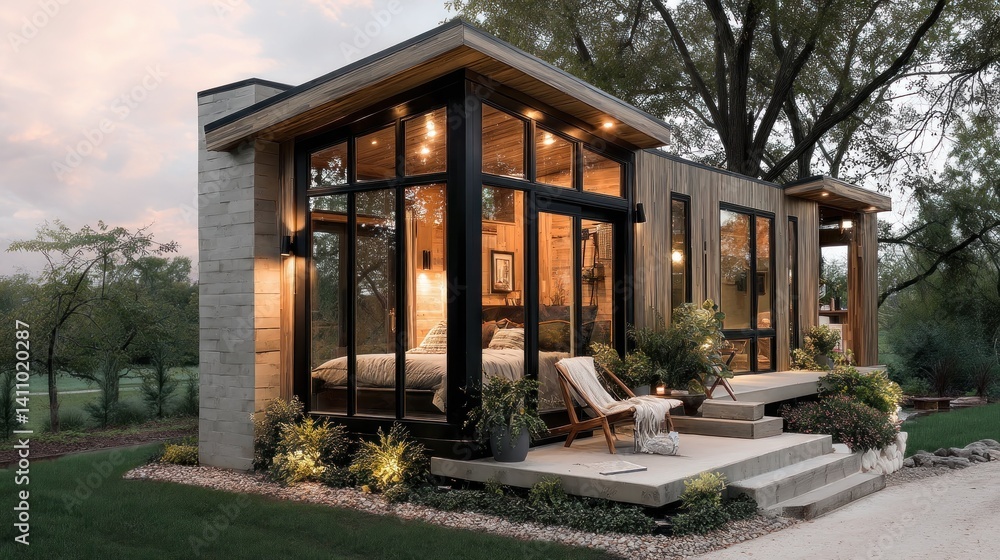 Modern tiny home with full-glass end wall and neutral wood tones