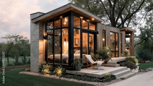 Obraz na płótnie Modern tiny home with full-glass end wall and neutral wood tones w salonie