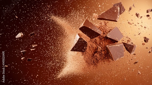 Delicious chocolate explosion with cocoa dust particles