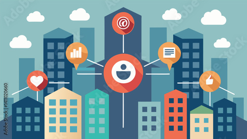 A topdown view of a city each building marked with a different social media logo representing the overwhelming presence of social media in our daily lives.. Vector illustration