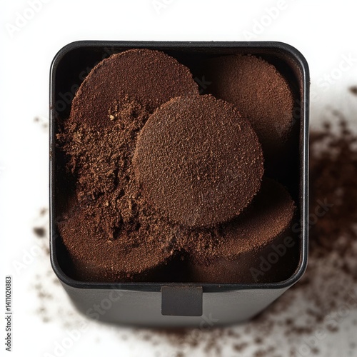 Used Coffee Grounds in Knock Box Photograph: Puck of Spent Espresso in Dark Container on White Background, Sustainable Coffee Practices, Recycling Coffee