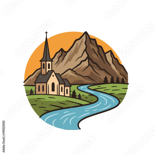 Church in the Mountains with River Landscape