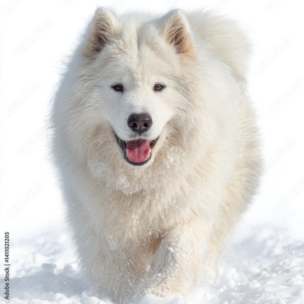 Samoyed Dog Running in Snow, White Furry Friend Portrait Photo, Happy Pet in Winter Wonderland Samoyed Dog Running in Snow, White Furry Friend Portrait Photo, Happy Pet in Winter Wonderland