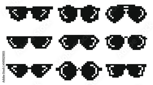 black pixelated sunglasses cartoon 8bit icon collection set. sunglasses clip art 8 bit on white background