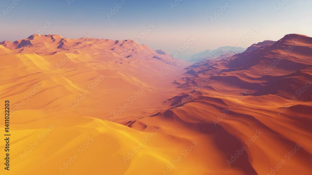 Vast expanse of undulating sand dunes stretching into the distance beneath a serene sky, depicting remote desert landscape Vast expanse of undulating sand dunes stretching into the distance beneath a serene sky, depicting remote desert landscape