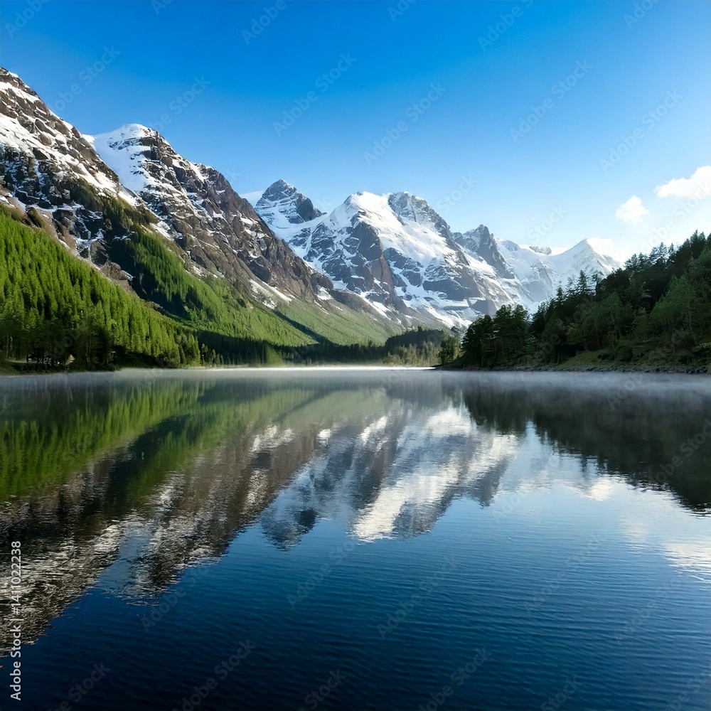 lake reflecting jagged snow-covered peaks with drifting lake reflecting jagged snow-covered peaks with drifting