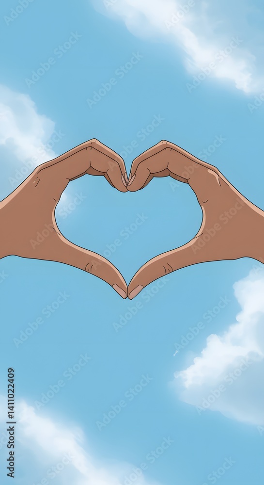 Obraz premium Two hands forming a heart shape against a blue sky with clouds. Love and affection concept art, romantic gesture illustration.