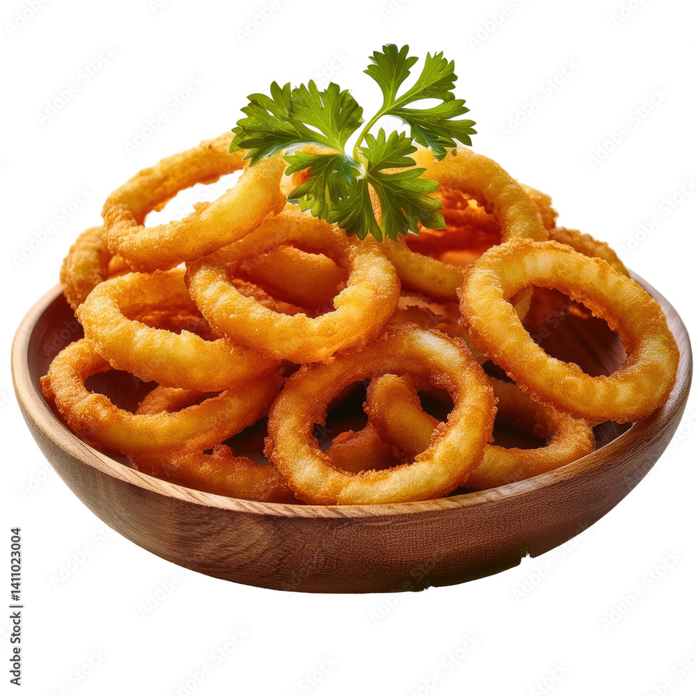 Crispy Onion Rings Served in a Wooden Bowl with Fresh Cilantro Garnish on transparent background Crispy Onion Rings Served in a Wooden Bowl with Fresh Cilantro Garnish on transparent background