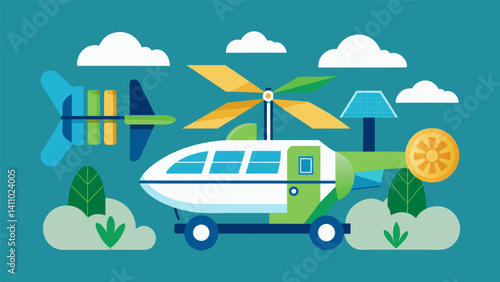 An illustration of a hybrid air vehicle combining both renewable energy sources and traditional fuel to reduce carbon footprint.. Vector illustration