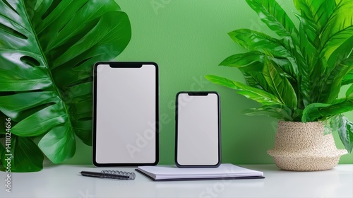 Blank digital devices on white table with green background
