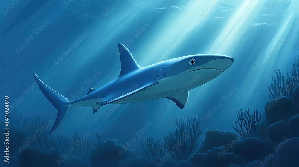 A blue shark gliding near the reef in clear waters with rays of sunlight highlighting coral textures A blue shark gliding near the reef in clear waters with rays of sunlight highlighting coral textures