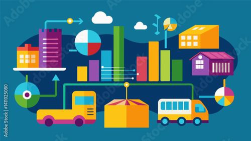 A supply chain data visualization illustrated through a colorful chart that updates in realtime to reflect changes in manufacturing transportation and delivery.. Vector illustration