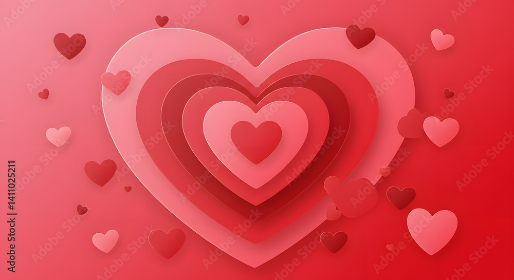 Are many layered paper hearts in shades of red and pink, scattered on a red background. Valentine's Day design element Are many layered paper hearts in shades of red and pink, scattered on a red background. Valentine's Day design element