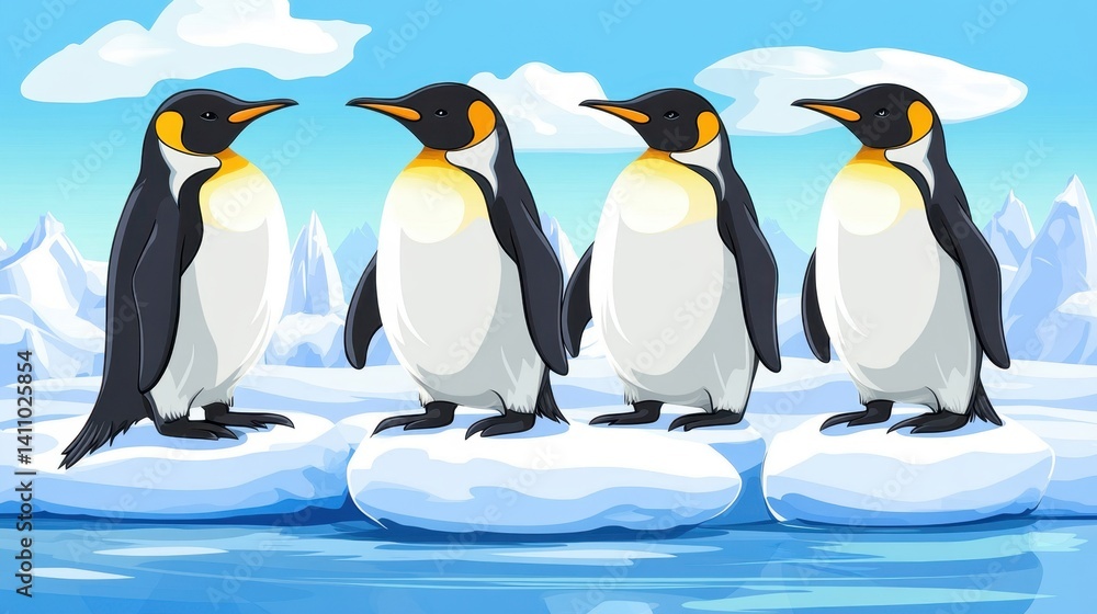 Obraz premium Close group of penguins standing on blue-white icebergs floating in Antarctic waters