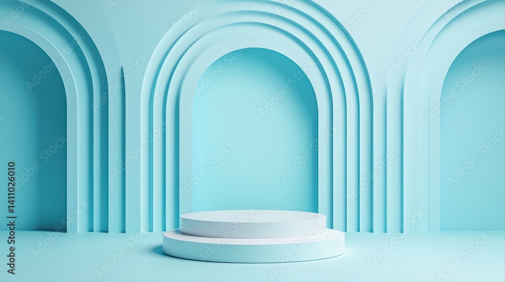 Minimalist blue interior with archways and round platform Minimalist blue interior with archways and round platform