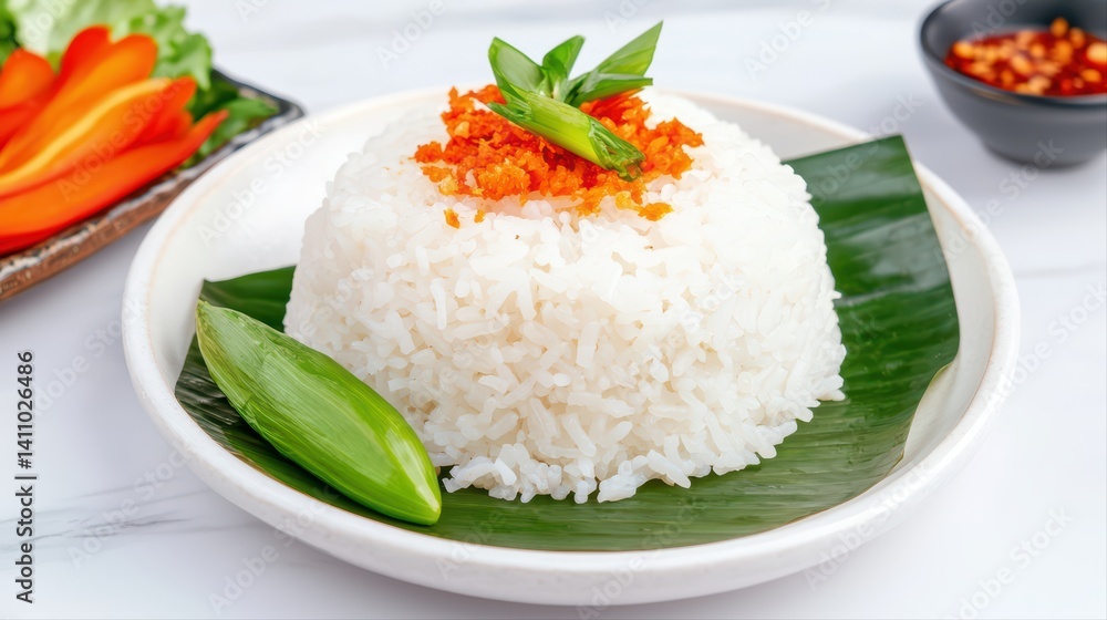 Freshly cooked rice with garnish on leafy plate Freshly cooked rice with garnish on leafy plate