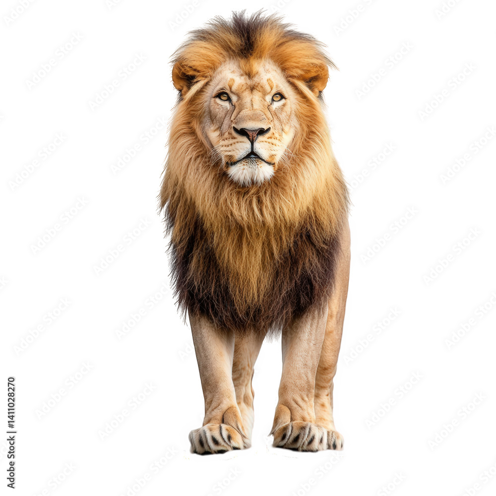 Majestic lion stands confidently against a plain background, showcasing its impressive mane and powerful presence in a tranquil moment Majestic lion stands confidently against a plain background, showcasing its impressive mane and powerful presence in a tranquil moment
