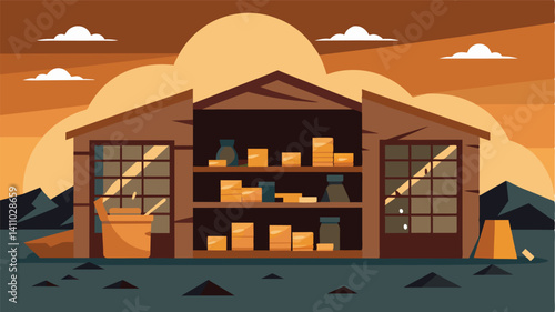 As I peered through the broken windows of the granary I could see the barren shelves that once held an abundance of crops now left due to depleted food stocks.. Vector illustration