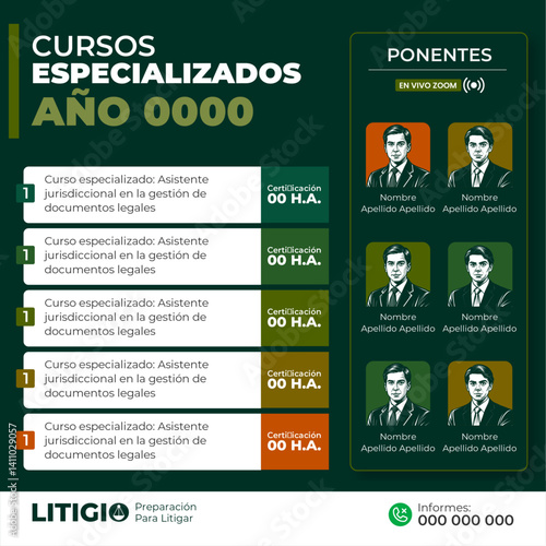 Plantilla de flyer profesional para cursos legales - con detalle verdes oscuros