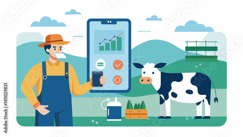 Farmers can remotely control and monitor the milking machine through a userfriendly app providing them with greater flexibility and convenience in managing their farm.. Vector illustration
