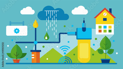 Efficient use of water is achieved through a smart irrigation system that takes into account factors such as weather forecast and plant type.. Vector illustration