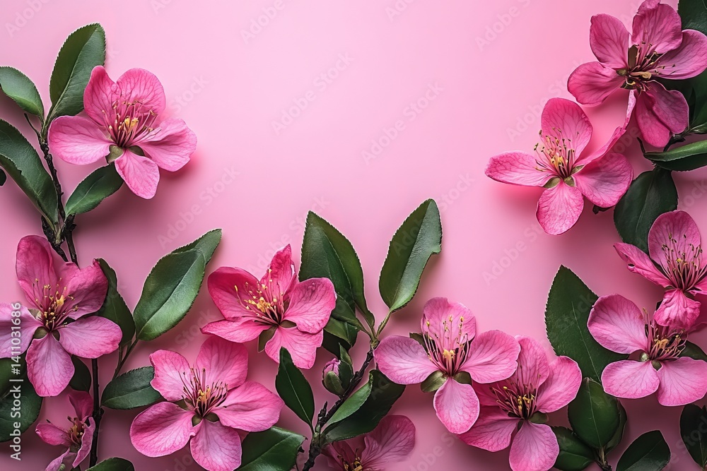 Fototapeta premium Spring floral flat lay: pink border.